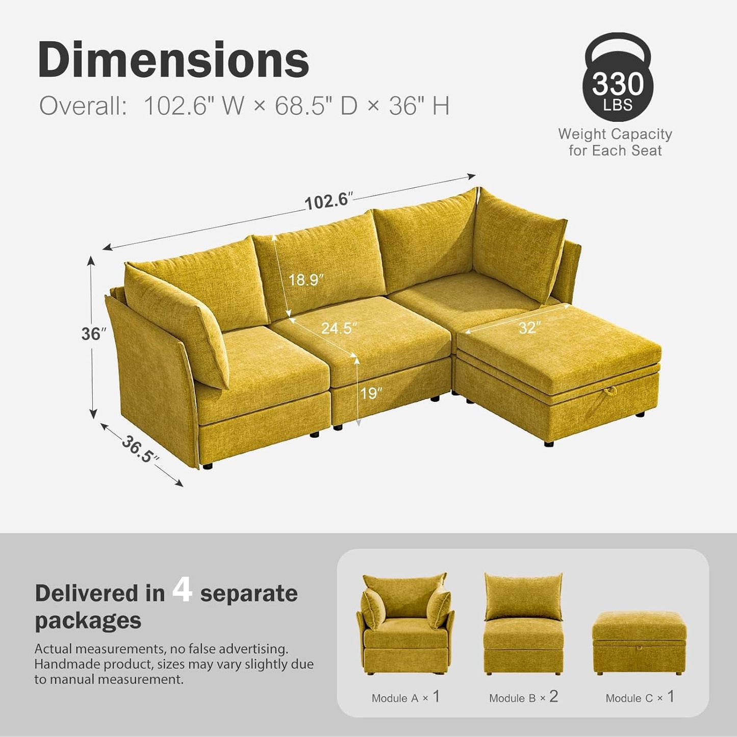102.6" Modular Sectional Sofa, L Shaped Couch Set for Living Room, 3-Seater Comfy Cloud Couches with Movable Storage Ottoman,DIY Combination - Chenille Yellow