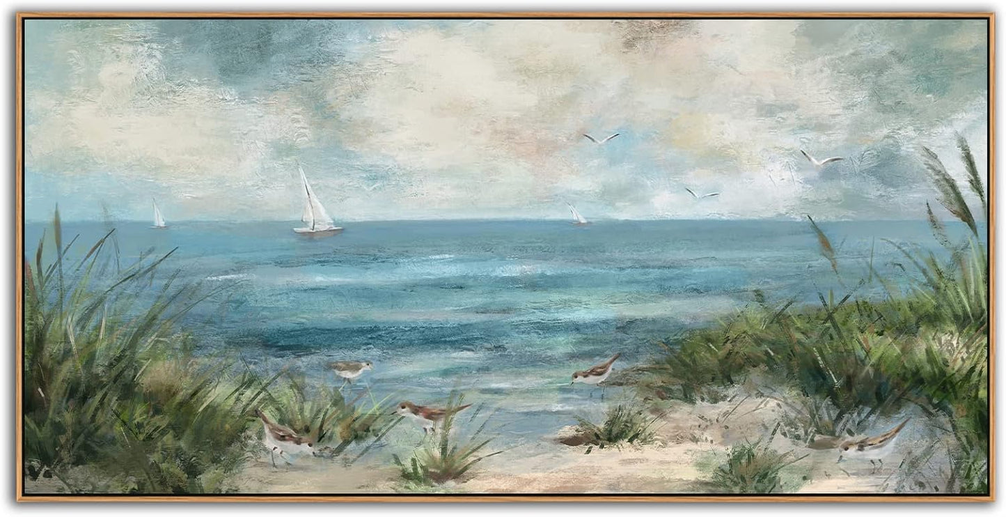 Sea Beach Framed Canvas Wall Art Vintage Seascape Canvas Prints Wall Decor Ocean Sailboat Seagull Canvas Pictures Beach Bird Reed Canvas Painting Artwork Living Room Bedroom Decoration 29" X 58"