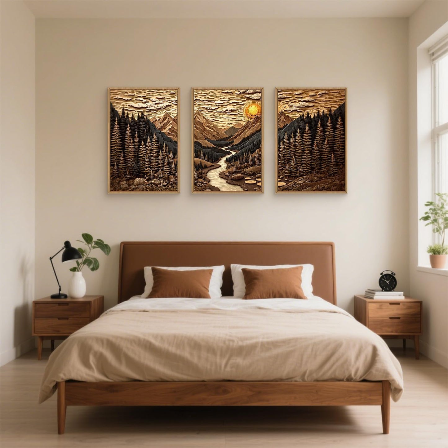 HPINUB Abstract Landscape Mountain Canvas Wall Art Set, Vibrant Sun Forest Pine Tree Wall Decor, Wilderness Nature River Artwork Rustic Scenery Art Print for Living Room,Bedroom,Office-16 x24 x3