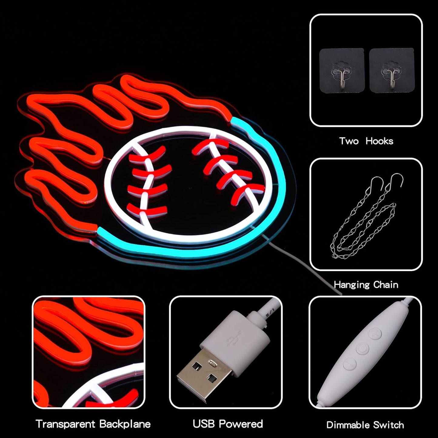 Baseball Neon Sign for Wall Decor Dimmable Baseball On Fire Neon Light Colorful LED Neon Light Sport Neon Signs USB Powered Neon Sign for Bedroom Field Club Man Cave Decoration