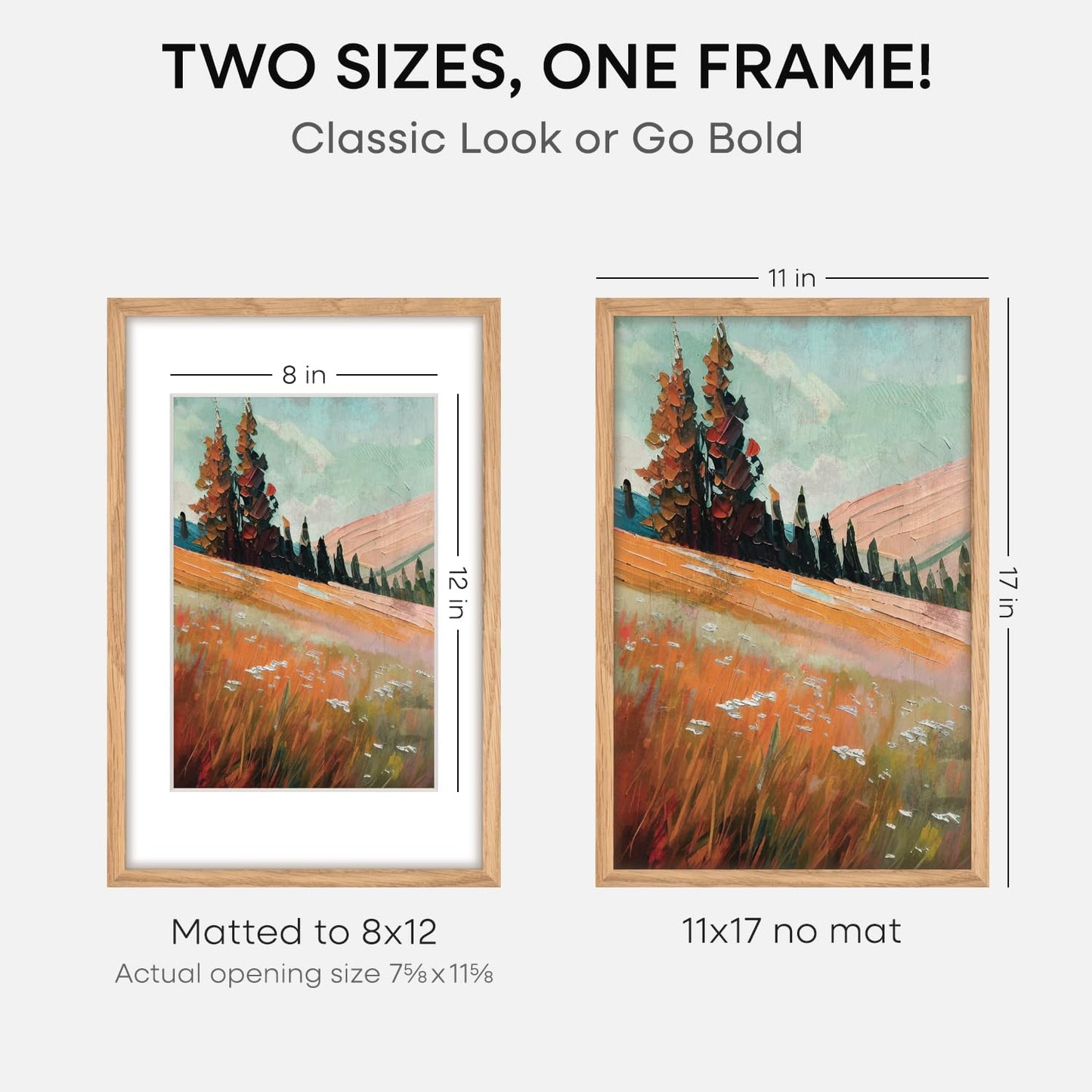 Homeforia 11x17 Wood Frame, High End Natural Oak 11x17 Light Wooden Picture Frame with Mat 8x12, 11 x 17 Poster Frames Matted to 8 by 12 Photo, 17x11 Hanging Frames, Tempered Glass, Wall Kit, Set of 1