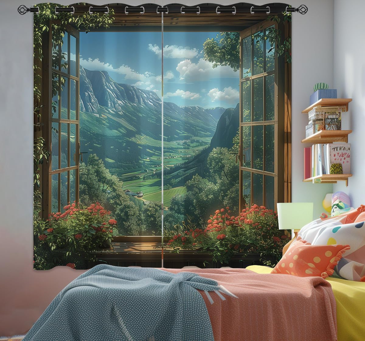 Mountain Blackout Curtains for Girls Boys Teens Home Decor, Spring Sky View Nature Forest Flower Grommet Thermal Insulated Drapes Darkening Window Curtain for Bedroom Living Room, 42 x 45 Inch