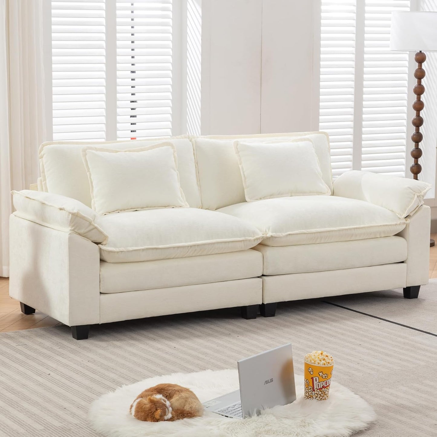 URRED Modular Sectional Sofa Comfy Cloud Couch, Modern Chenille Sofa Sleeper Deep Seat Couches with Ottoman/Pillows for Living Room (White, 82.6'')