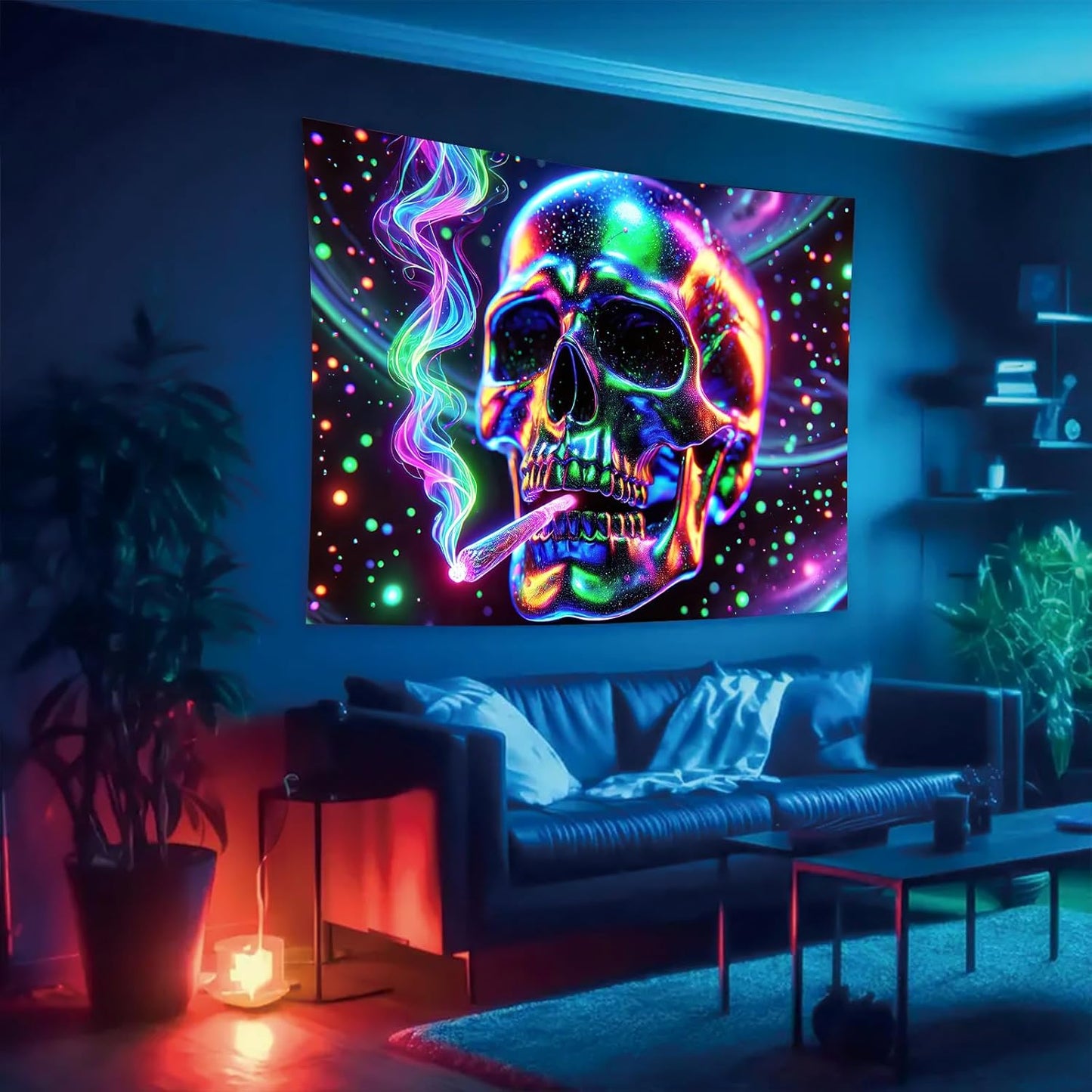 Starlit Patio Blacklight Skull Tapestry UV Reactive 78 x 59 Inch Glow In The Dark Tapestry Halloween Funny Skeleton Tapestries Posters Wall Hanging for for Bedroom Living Room Dorm