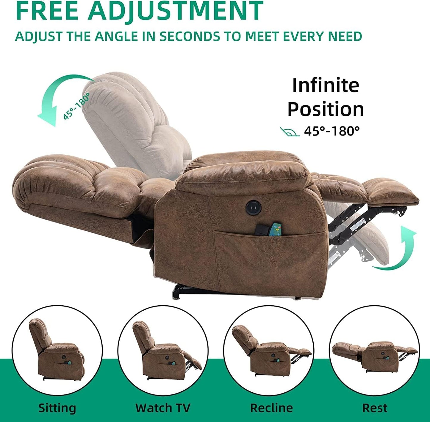 VIVIJASON Large Dual OKIN Motor Power Lift Recliner Chair for Elderly Big Man, 180° Lay Flat Electric Recliner with Heat & Massage, Infinite Position, 2 Remote Controls, Side Pockets & USB Port, Brown