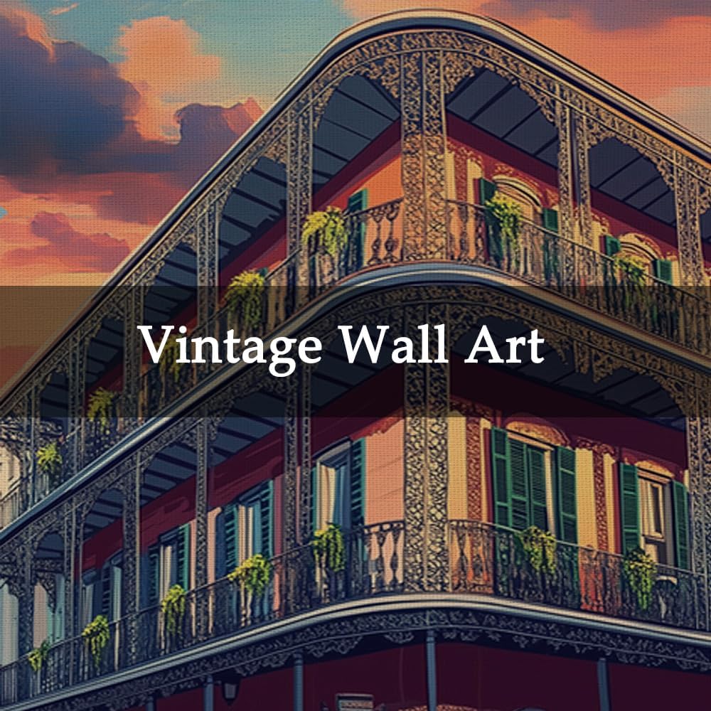 WREVERW Vintage New Orleans Poster Canvas Print with Wooden Hanger Frame, Featuring French Quarter Architecture and Iconic Iron Balconies, Wall Art for Home and Office Decor, 16x23 inches