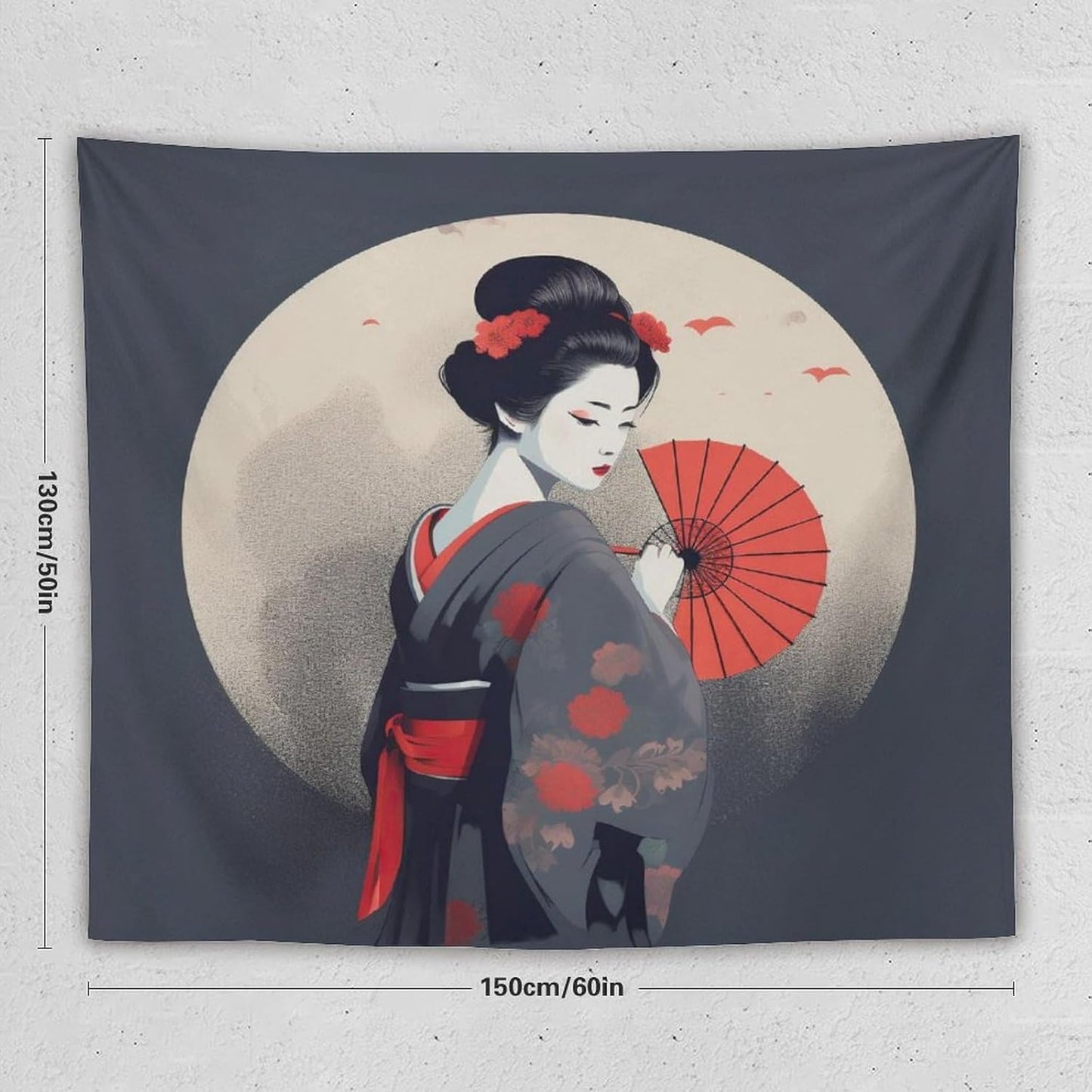 Japanese Woman Geisha Tapestry Asian Red Cherry Blossom Red Sun Traditional Kimono Folk Tapestries Home Decor for Living Room Bedroom Apartment Farmhouse Dorm 60"x50"