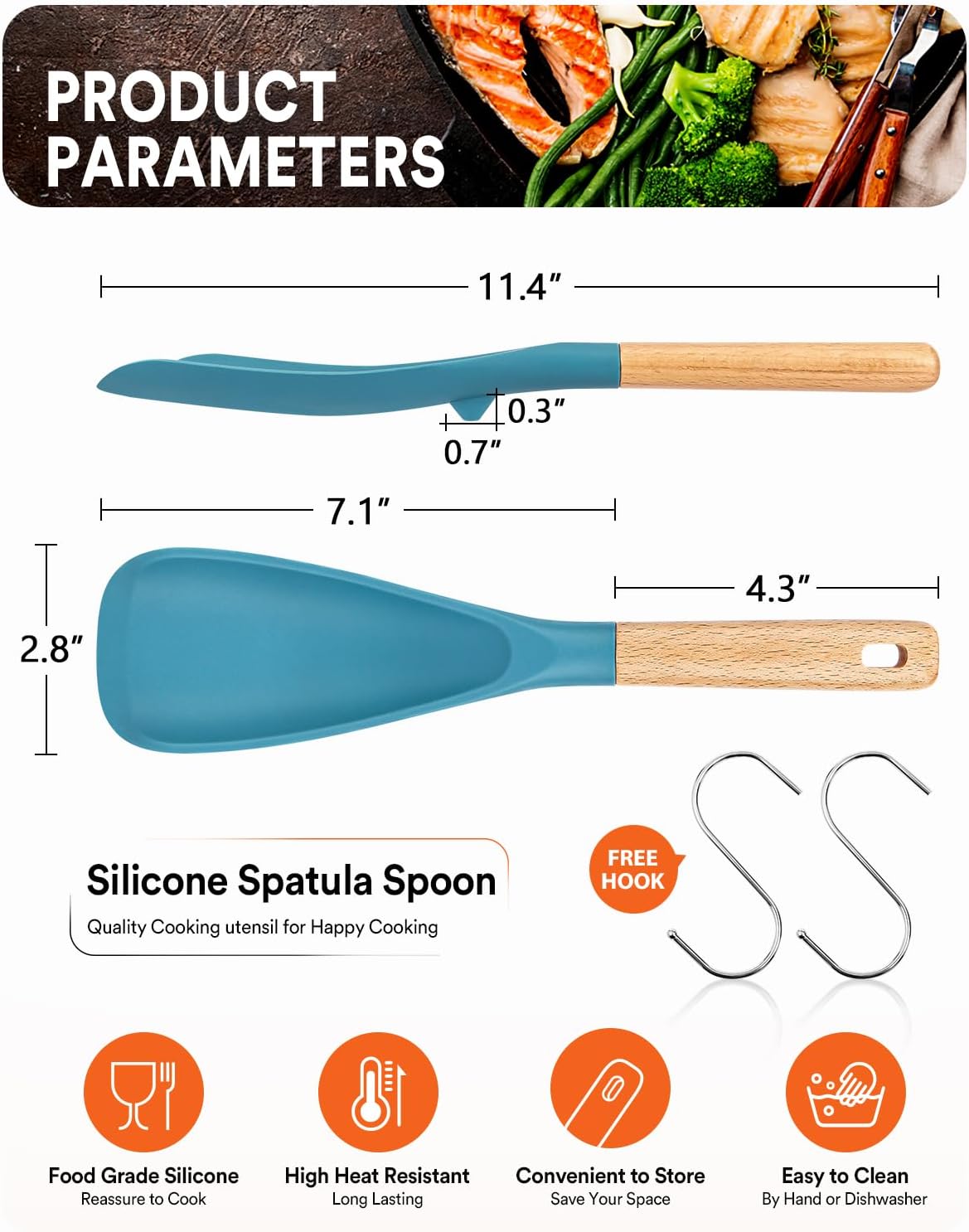 Cooking Spoon for Nonstick Cookwares, Great for Cooking and Serving Sturdy BPA-Free Matte Silicone, Wood Handle Spoon for Mixing, Scoop, and Scrape (Khaki & Turquoise, 11.4 inch)