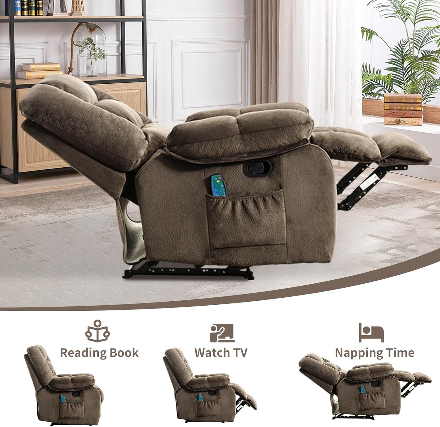 Massage Recliner Chair with Heat and Massage, Soft Fabric Ergonomic Manual Reclining Chairs, Heavy Duty Reclining Sofa Chair with Side Pockets for Living Room (Taupe)