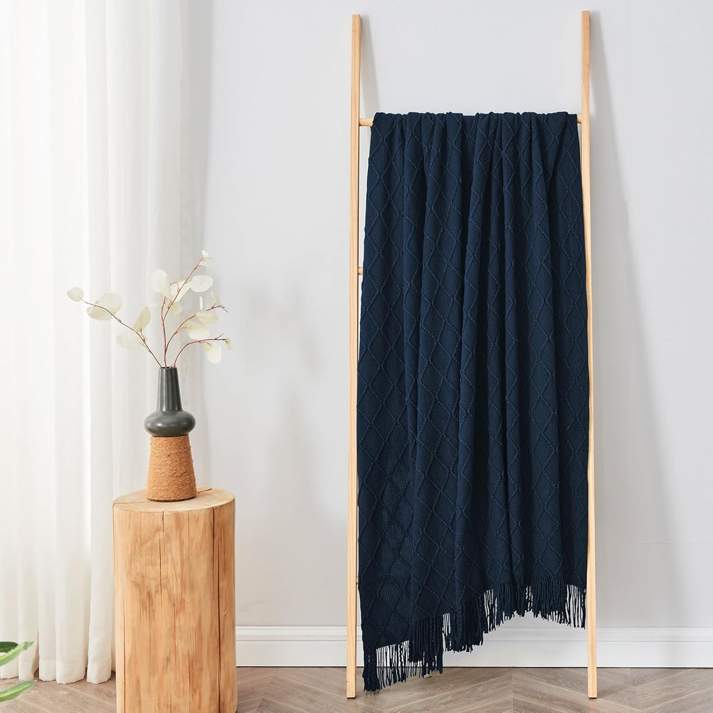 inhand Knitted Throw Blankets for Couch and Bed, Soft Cozy Knit Blanket with Tassel, Dark Blue Lightweight Decorative Blankets and Throws, Farmhouse Warm Woven Blanket for Men and Women, 60"x80"