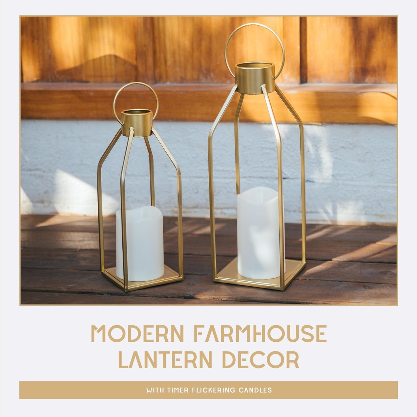 HPC Decor Modern Farmhouse Lantern Decor- Gold Metal Candle Lanterns for Christmas- Lanterns Decorative w/Timer Flickering Candles for Living Room, Home, Indoor, Outdoor, Table,Fireplace Mantle Decor