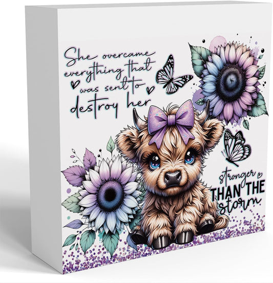 Cute Highland Cow Baby Decor, Highland Cow Sunflower Decor, Highland Cow Gifts for women, Highland Cow Nursery Decor, Wooden Box Decor Sign for Home Farmhouse Office Living Room Table Shelf