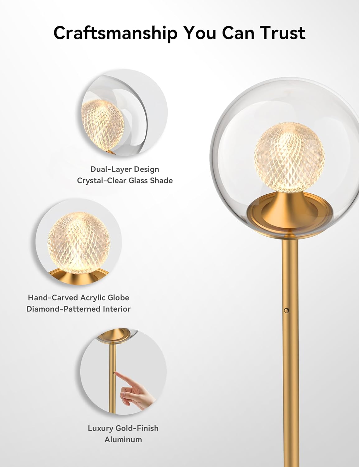 Tubicen Gold Floor Lamp with Dual-Globe Glass Shade Memory Function Art Decor 4-Stage Touch Control Dimmable Modern LED Corner Standing Floor Lamp for Bedroom Office Living Room Bedside