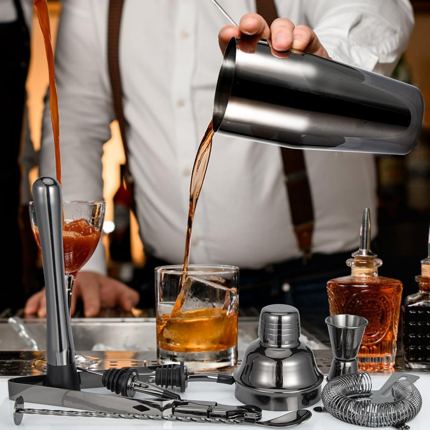 Cocktail Shaker Set, Mixology Bartender Kit 10-Piece Bar Tool Set with Stylish Bamboo Stand, Bar kit: Matini Shaker Mixing Spoon Muddler Jigger Cocksrew for Barware Set | Black