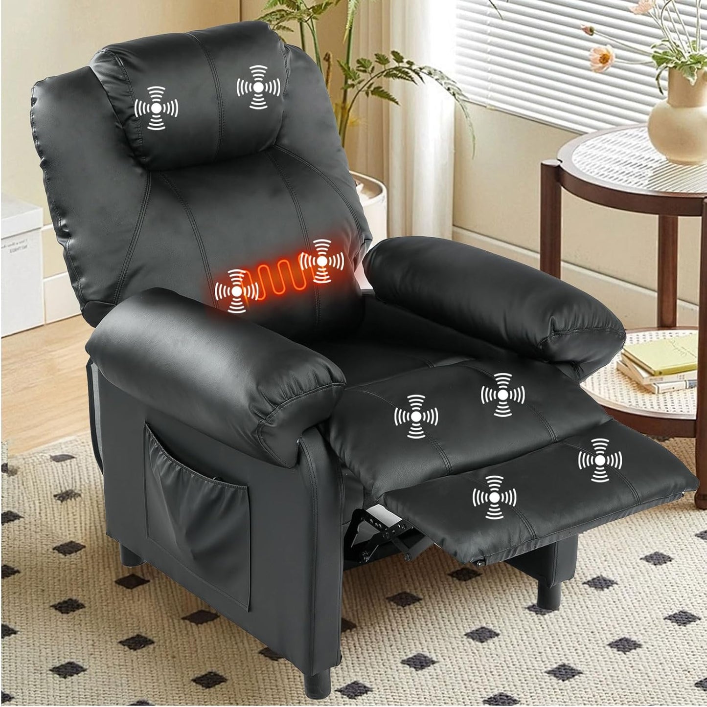 KCREAM Massage Recliner Chairs with Heat,PU Leather Overstuffed Recliner Chairs Living Room Chairs for Adults with Side Pockets,Padded Backrest and Thick Seat Cushion,Home Theater,Black