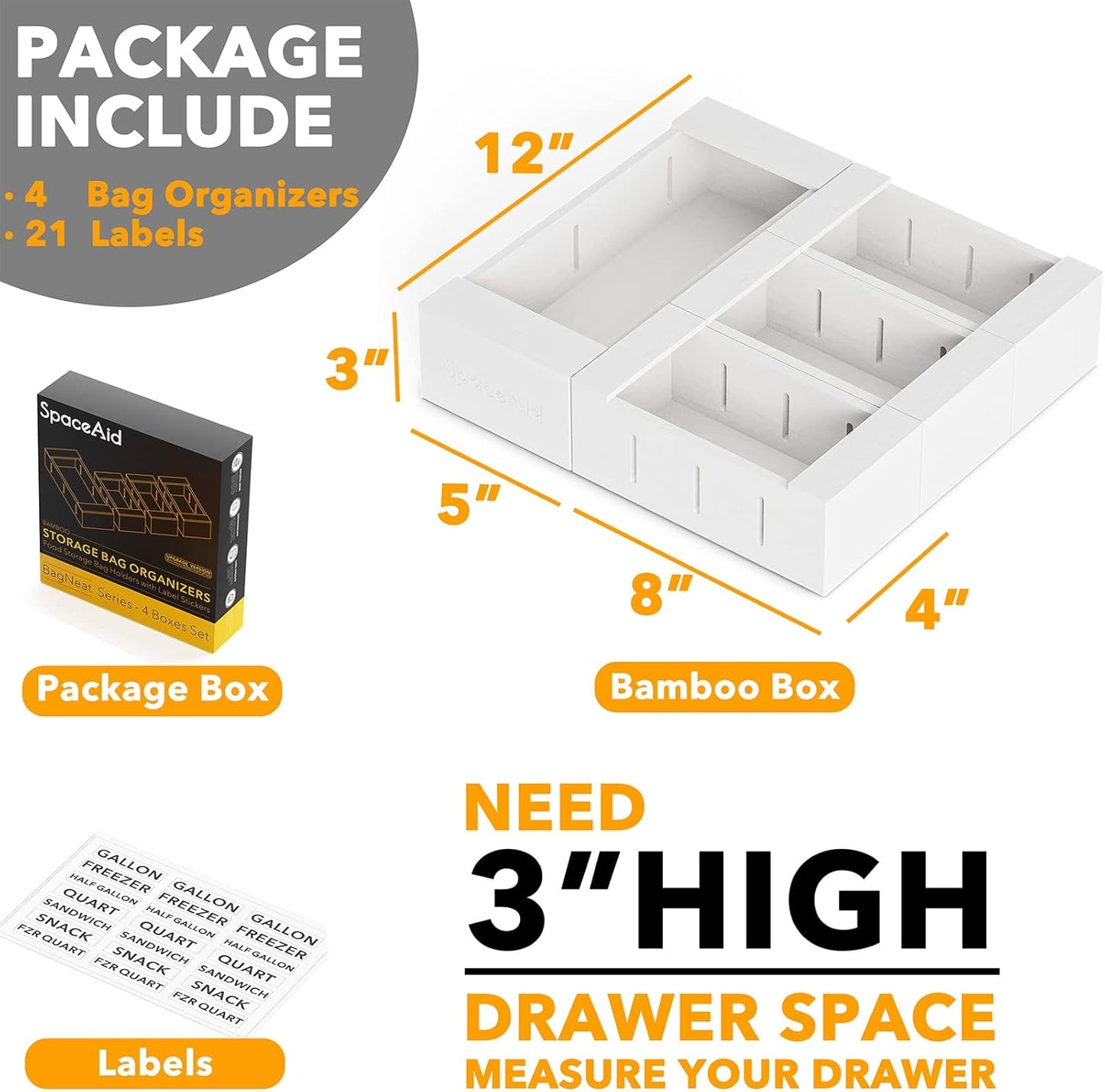 SpaceAid Bag Storage Organizer for Kitchen Drawer, Bamboo Organizer, Compatible with Gallon, Quart, Sandwich and Snack Variety Size Bag (4 Pack), White