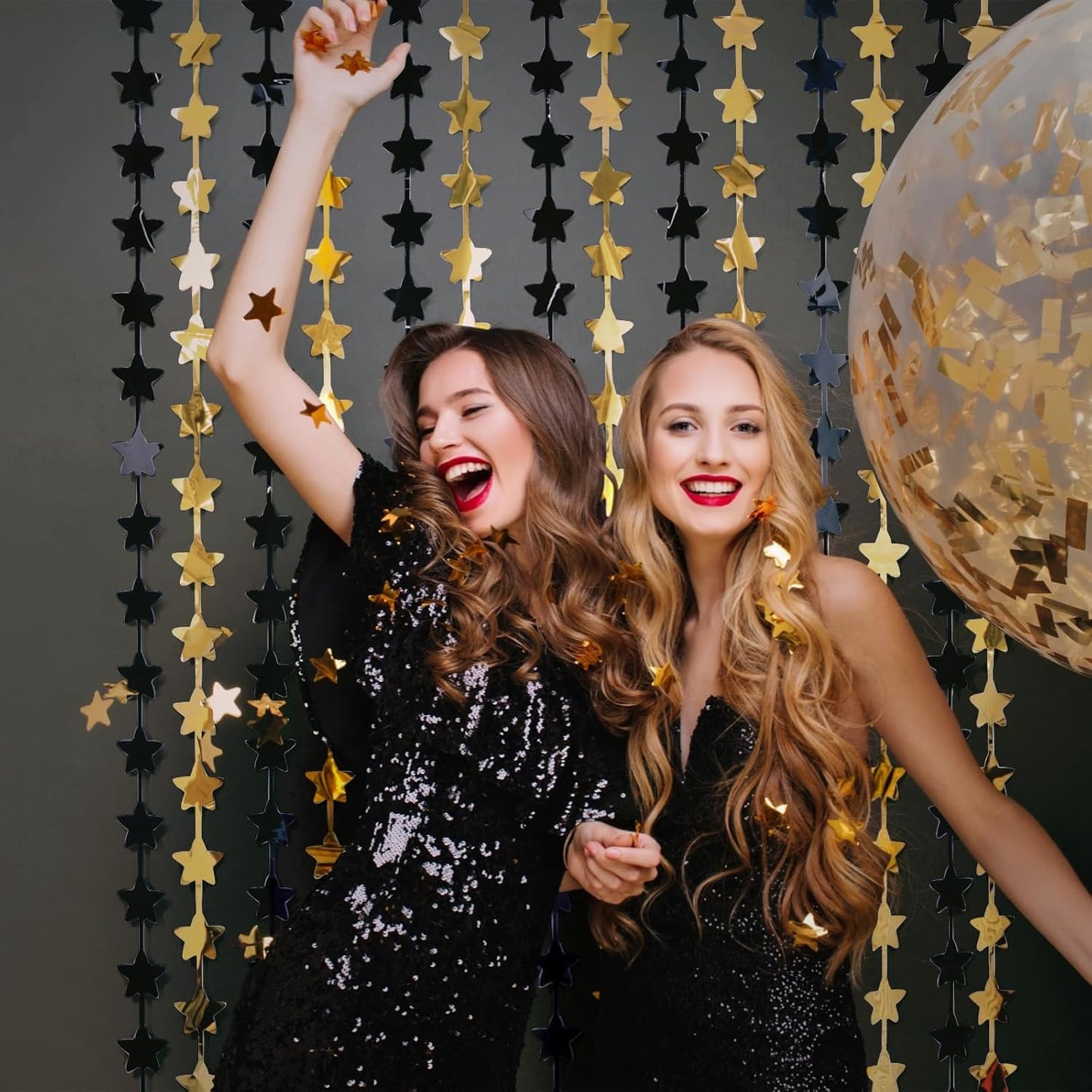 LOLStar Black and Gold Star Birthday Party Decorations 2Pack 3.3X6.6 ft Golden Photo Booth Props Backdrop Streamers Star Foil Fringe Curtains for Men 2025 Graduation Decors Black Yellow Party Supplies