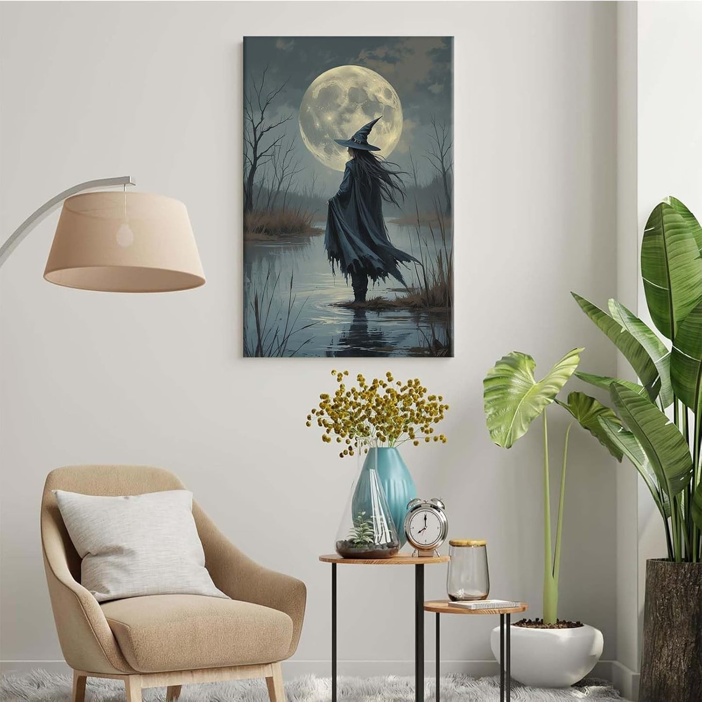 JFHCQJPK Witch in the moonlight magic canvas wall art enchanting Halloween home decor swamp witch silhouette oil painting mysterious gothic aesthetic wall decor print poster12x16in Frameless
