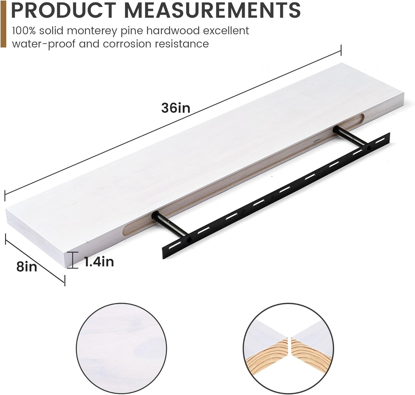 Floating Shelves 36 Inches Long - 8 Inch Deep Rustic Premium Solid Pine Wood for Storage - Farmhouse Wall Mounted for Living Room - Heavy-Duty Metal Bracket - 36" W x 8" D - Set of 2 - White Color