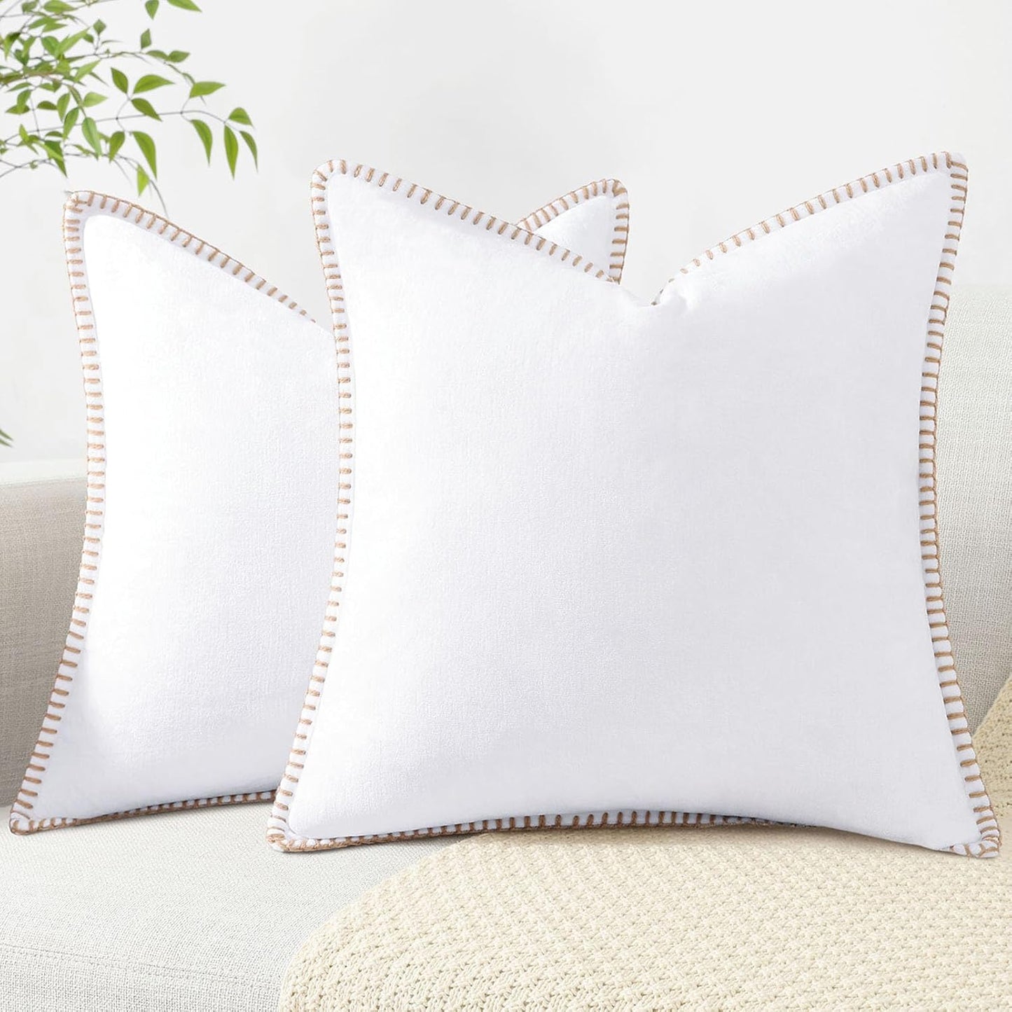 decorUhome Chenille Soft Throw Pillow Covers 18x18 Set of 2, Farmhouse Velvet Neutral Decorative Euro Pillow Covers with Stitched Edge for Couch Sofa Bed Home Decor, White