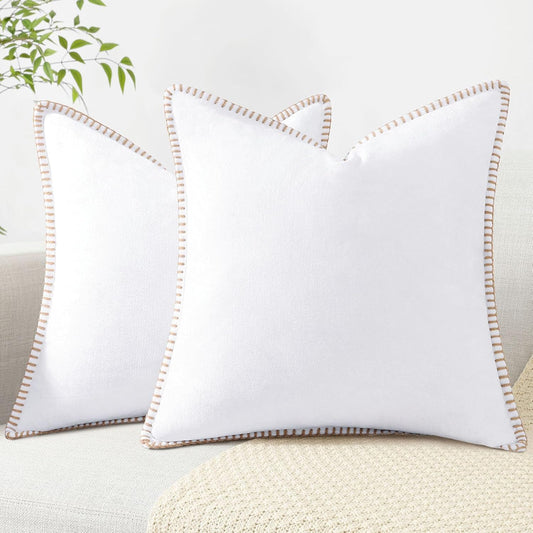 decorUhome Chenille Soft Throw Pillow Covers 20x20 Set of 2, Farmhouse Velvet Neutral Decorative Euro Pillow Covers with Stitched Edge for Couch Sofa Bed Home Decor, White