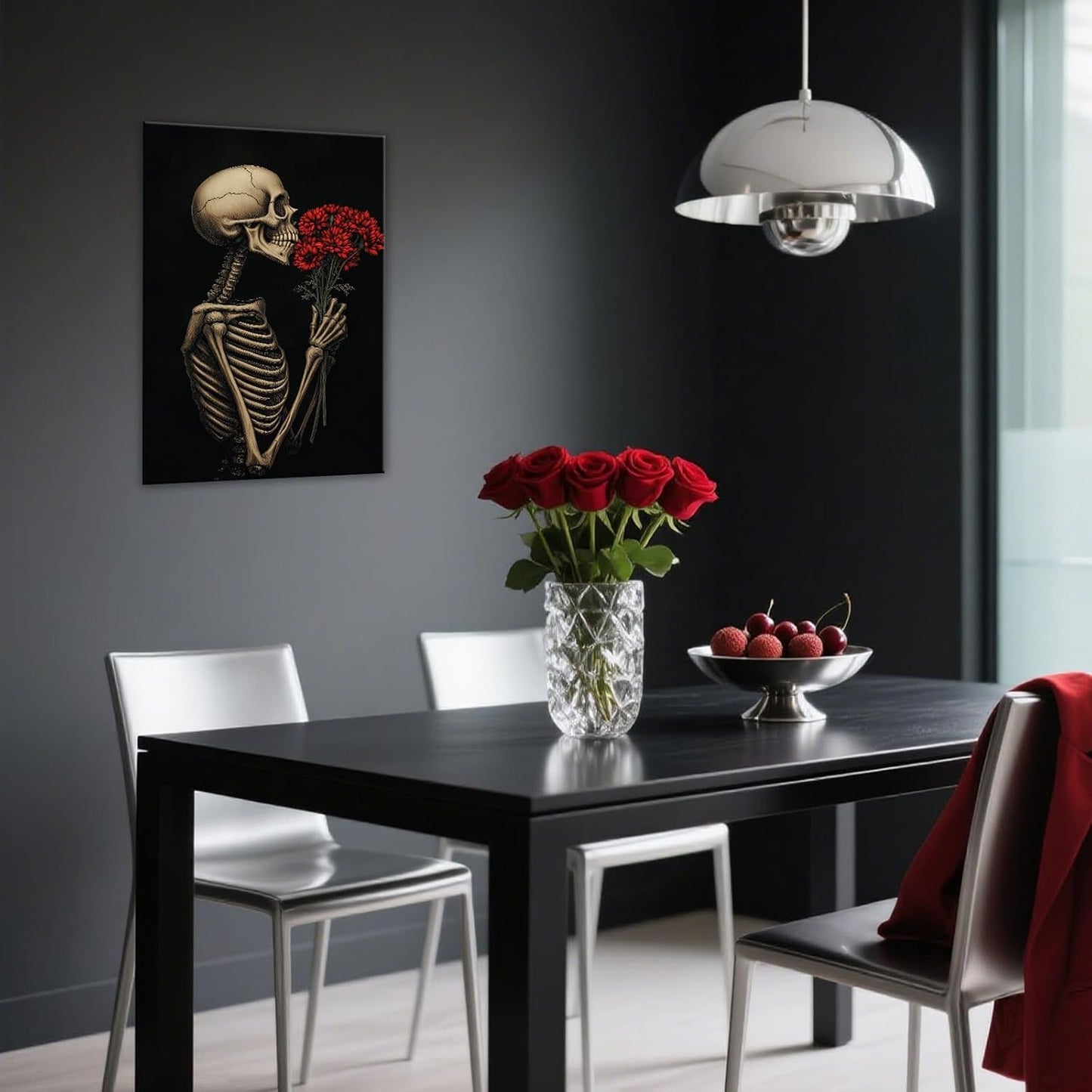 OAAPITI Red Rose Skull Wall Art Dark Themed Skeleton Painting Modern Artwork for Gothic Home Decor(Artwork-5,16"x24")