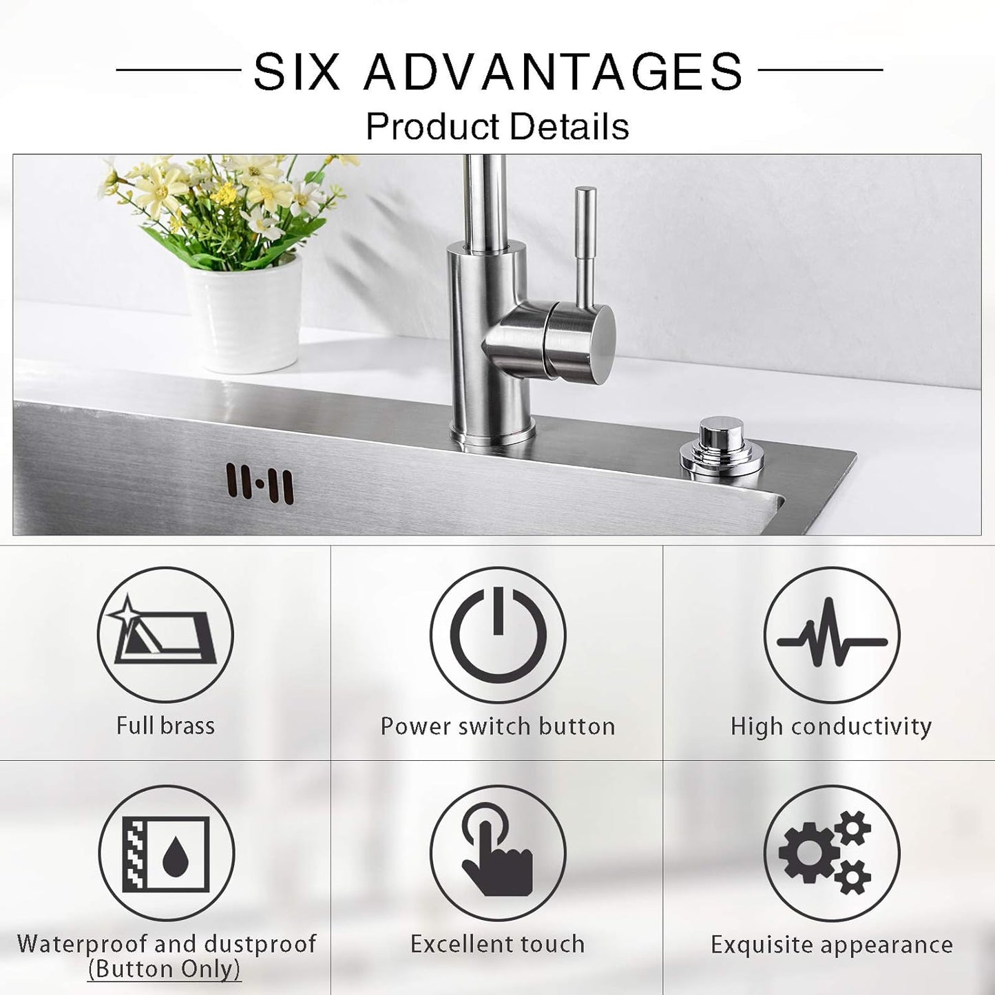 SinkTop Air Switch Kit (Long Full Brass Button) for Garbage Disposal, Cordless Chrome