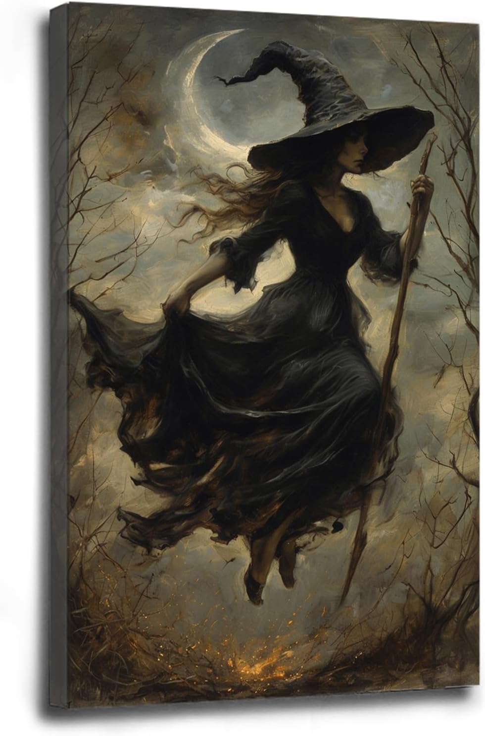 Witch in the Forest Halloween Print Wall Art Poster Witch Decor Vintage Print Dark College Wall Art Victorian Gothic Room Decor Canvas Wall Print20x30in Wood Framed