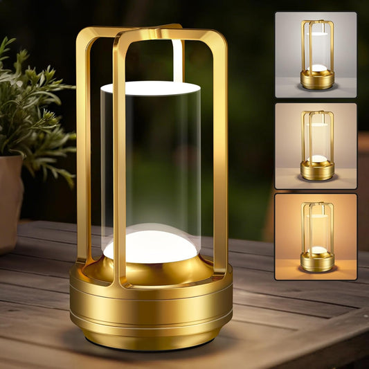 Portable Table Lamp for Outdoor Indoor: Cordless Rechargeable Desk Lamp with 3 Color Stepless Dimmable - Metal Battery Operated Small Lantern Light for Restaurant/Bedroom/Bar/Coffee Shop/Camping