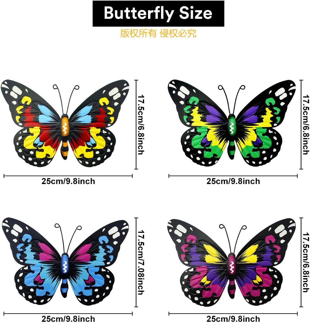 EOORAU Metal Butterfly Wall Art Outdoor Decor - 4 Pack 9.8in Butterflies Wall Sculpture Hanging Decor for Home Yard Patio Garden Decoration (4 Colors)