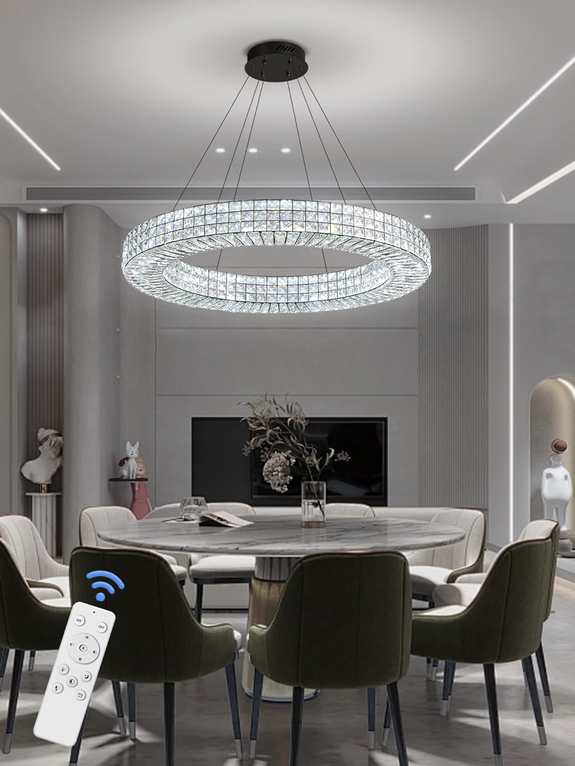 Dia 40" Modern Chandelier Ring Crystal Chandelier Adjustable Height Luxury Crystal Pendant Ceiling Light Fixture for Dining Living Room Bedroom