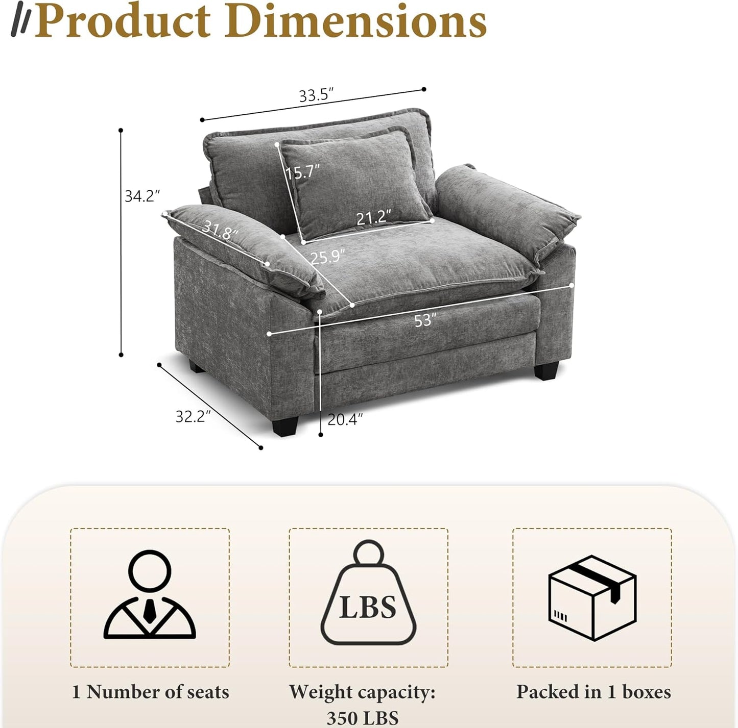 URRED Modular Sectional Sofa Comfy Cloud Couch, Modern Chenille Sofa Sleeper Deep Seat Couches with Ottoman/Pillows for Living Room (Gray, 53'')