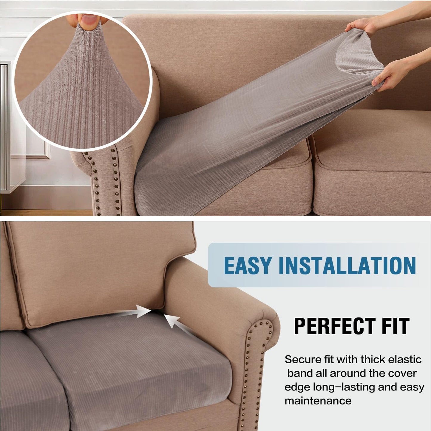 H.VERSAILTEX Velvet Stretch Couch Cushion Cover Plush Cushion Slipcover for Chair Loveseat Sofa Cushion Furniture Protector Seat Cushion Sofa Cover (2 Piece Medium Sofa Cushion Covers, Taupe Striped)