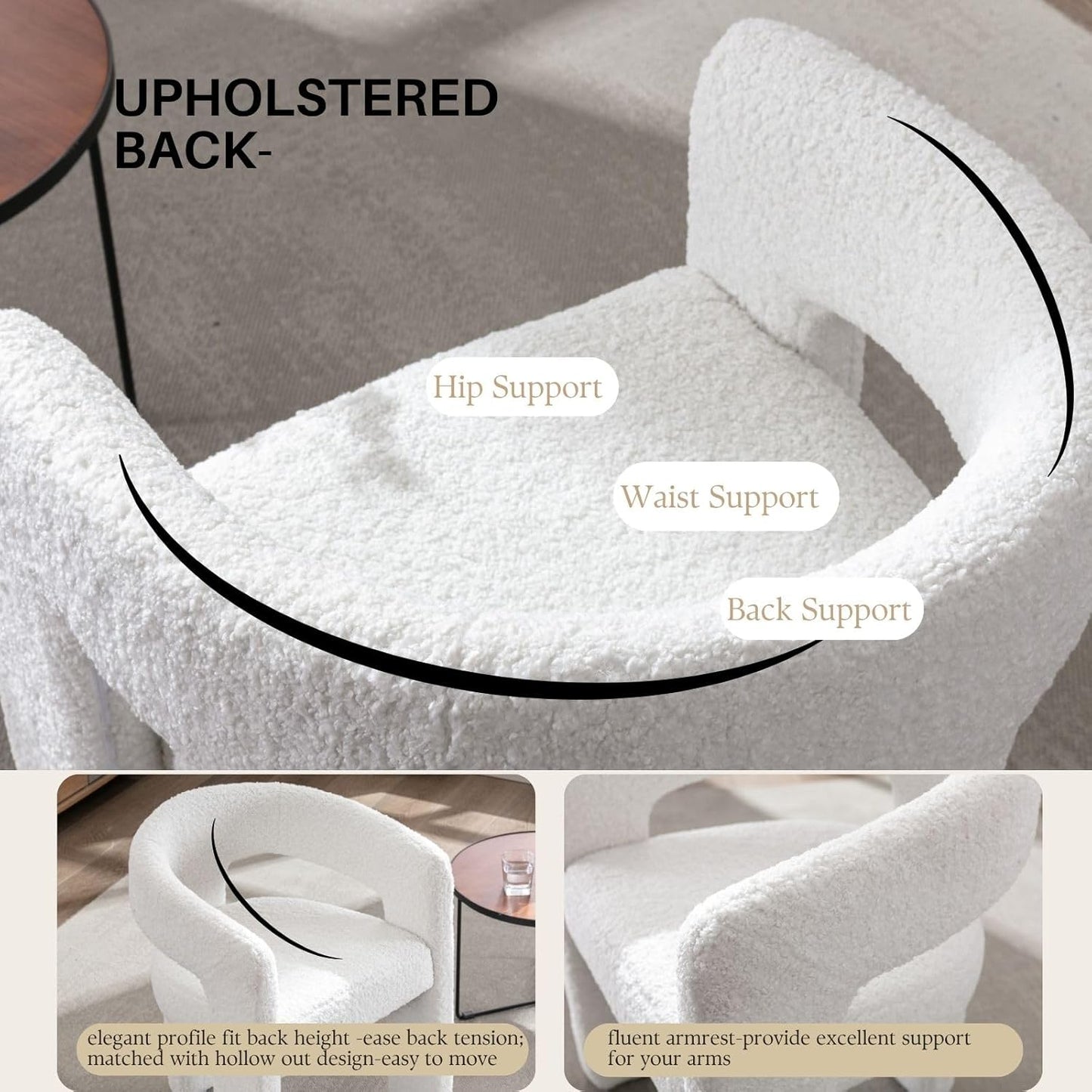 White Boucle Dining Chairs Set of 6, Modern Barrel Dining Room Chairs Upholstered Faux Fur Accent Chair with Arms and Round Back for Living Room Kitchen Armchair No Assembly Needed