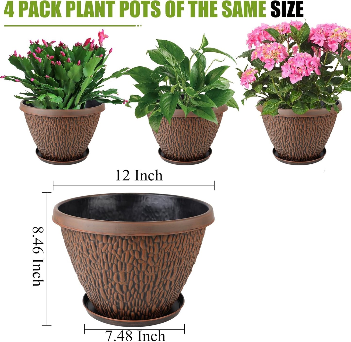 4 Pack 12 Inch Pots for Plants, Plastic Outdoor Flower Pots with Drainage Hole & Tray, Large Planters for Garden Porch Home Indoor Outdoor Decor - Pebbles Pattern Design Plant Pots