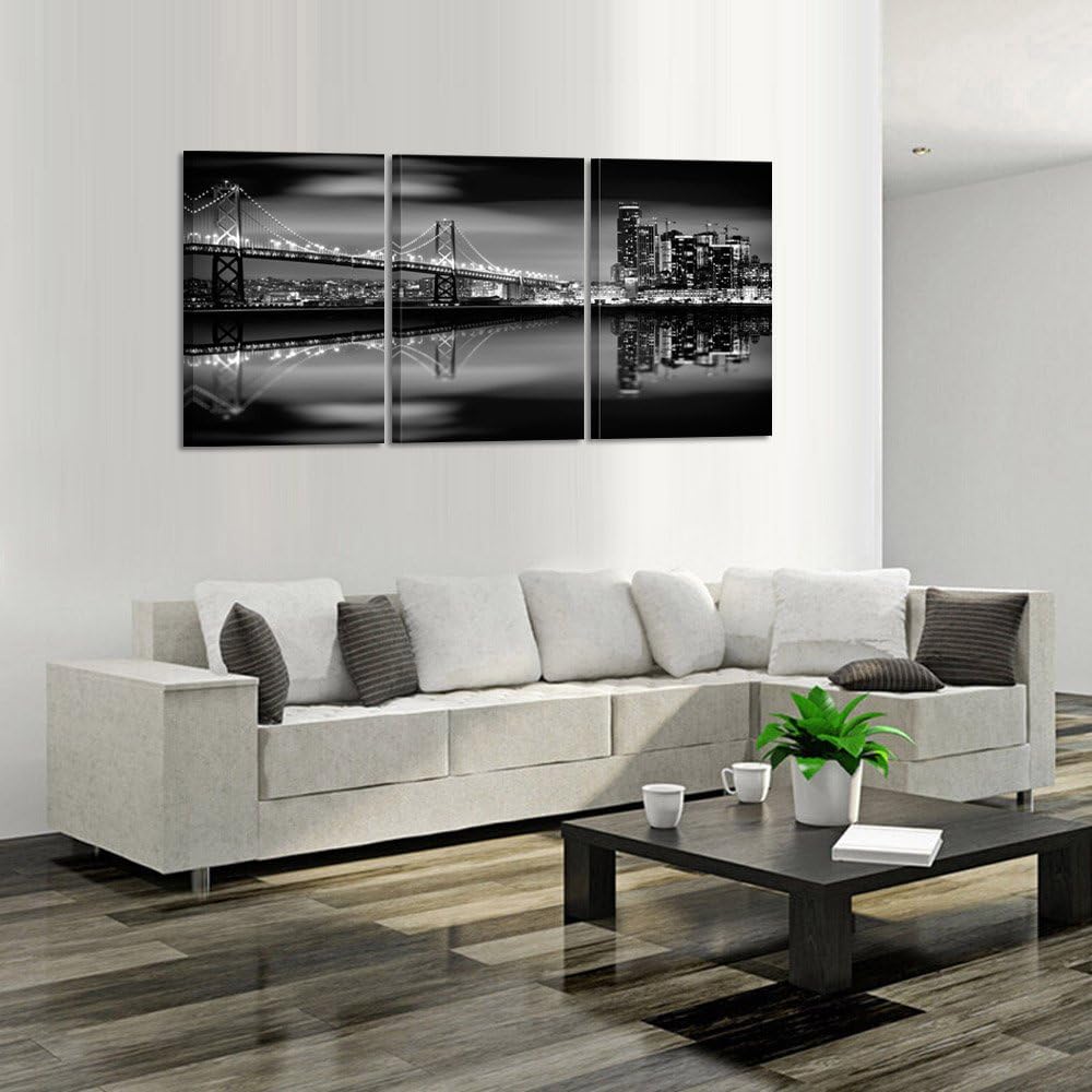 KREATIVE ARTS - San Francisco Bay at Night in Black and White Bridge 3 Panels Modern Landscape Artwork Canvas Prints Cityscape Pictures Paintings on Canvas Wall Art for Home Decor (16x24inchx3pcs)
