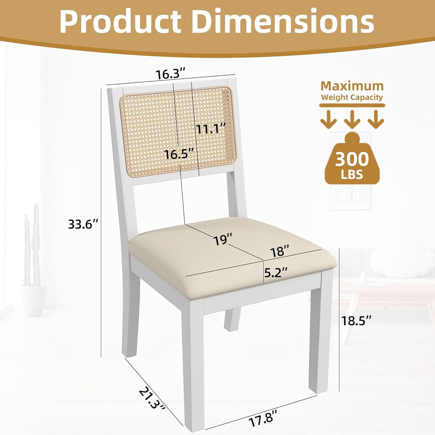 Westice Rattan Dining Chairs Set of 4, Farmhouse Natural Dining Room Chairs with Upholstered Cushion, Wood Armless Chairs for Kitchen/Restaurant, White