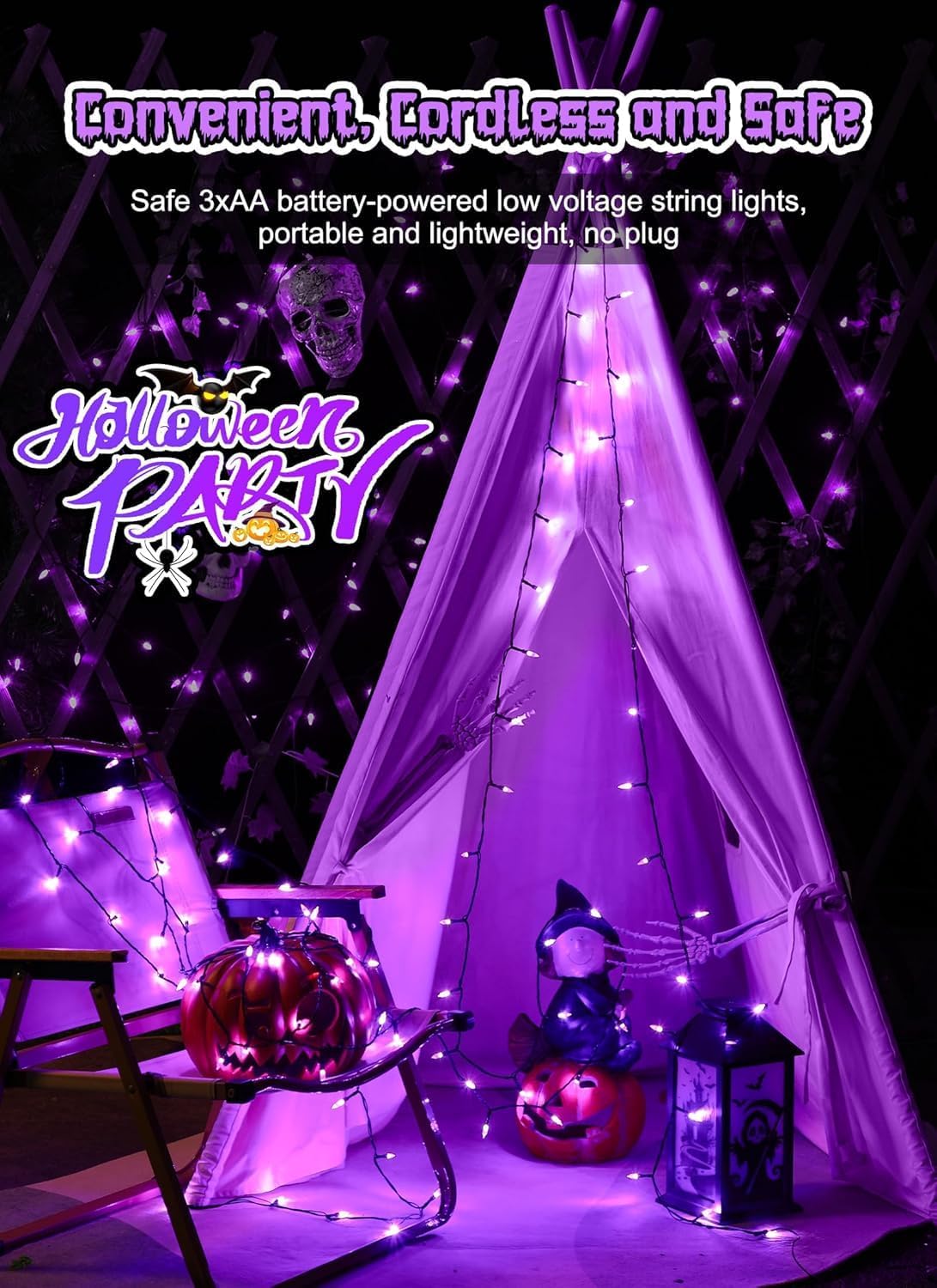 Battery Operated Halloween Indoor String Lights, 8 ft 20 LED Purple Mini Cluster Tree Lights with Timer, Indoor Outdoor Patio Garland Window Decor for Party Christmas Halloween Decorations