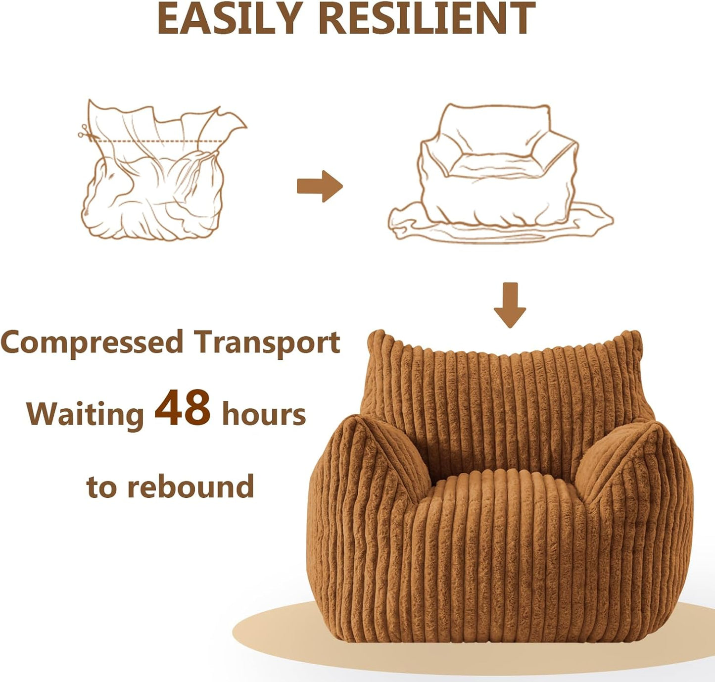 Giant Bean Bag Chairs for Adults Teens, Large Bean Bag Sofa Chairs with Filling Comfy Fuzzy BeanBag Chair with Armrests for Bedroom Living Room Reading (Brown, Medium)