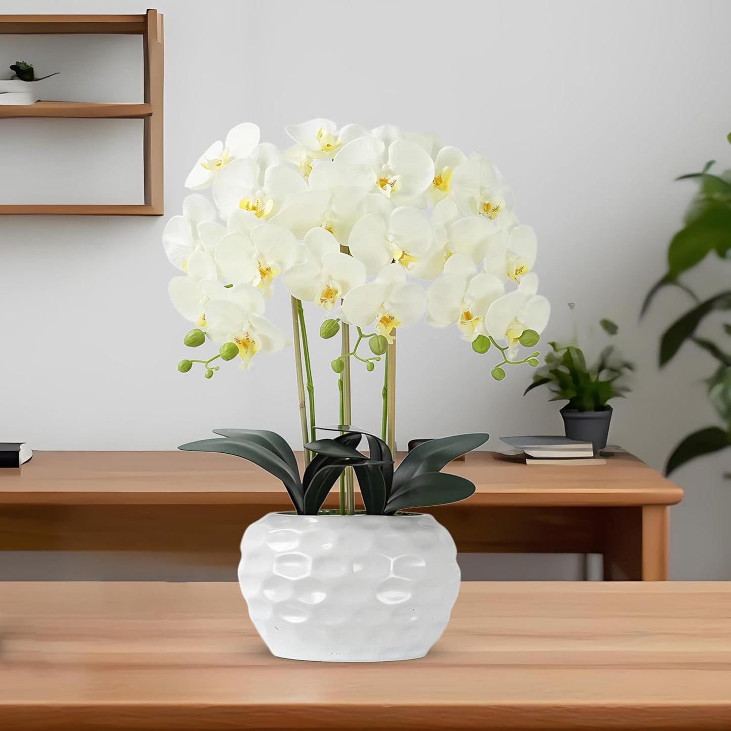 Orchid Artificial Flowers with White Vase Large Silk Faux Phalaenopsis Flowers for Dining Room Table Floral Centerpieces Indoor Decoration,White