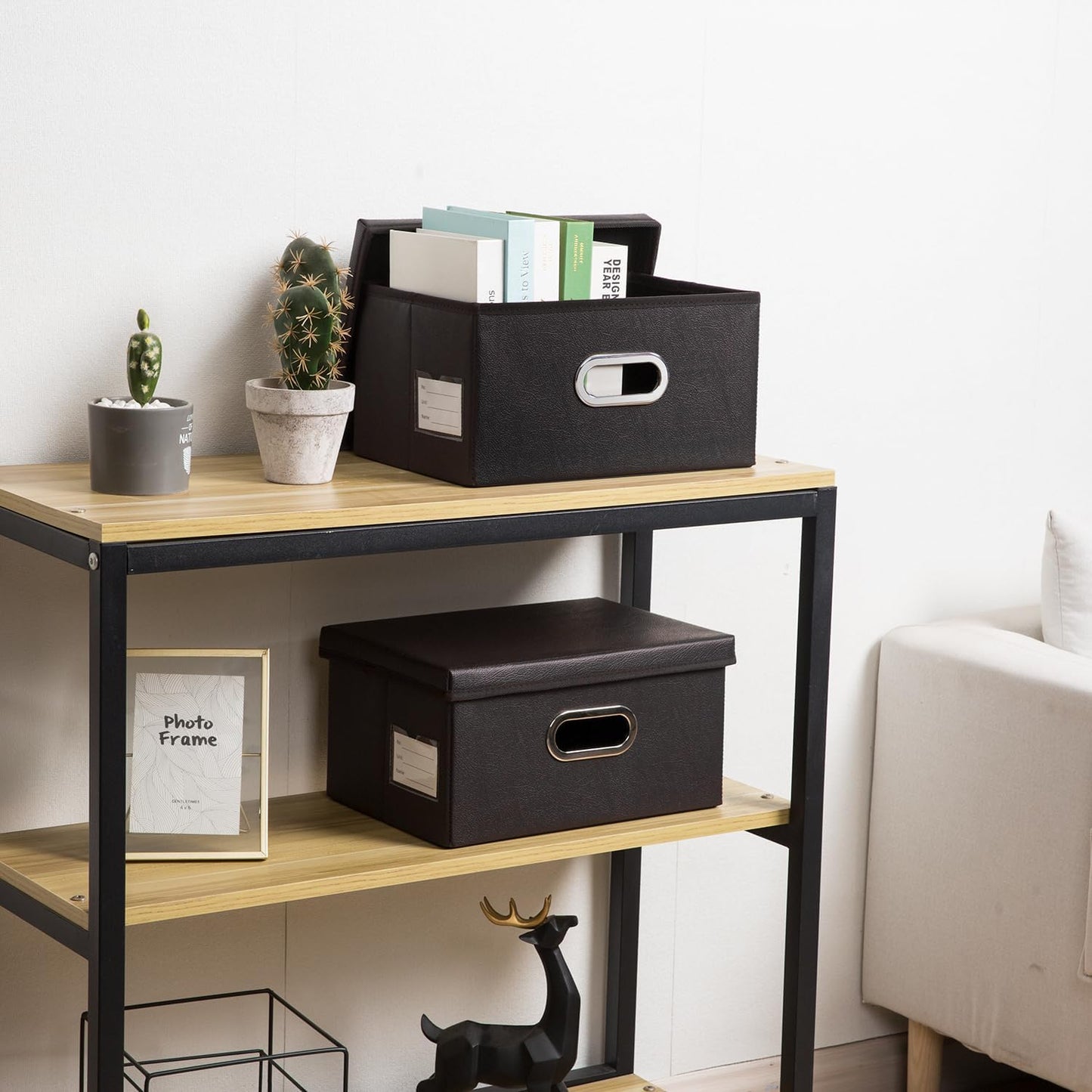 PRANDOM Collapsible Storage Box with Lid [3-Pack] Leather Fabric Foldable Storage Bin Organizer Container Basket Cube with Cover for Home Bedroom Closet Office Nursery Black(13.6x9.6x6.9)