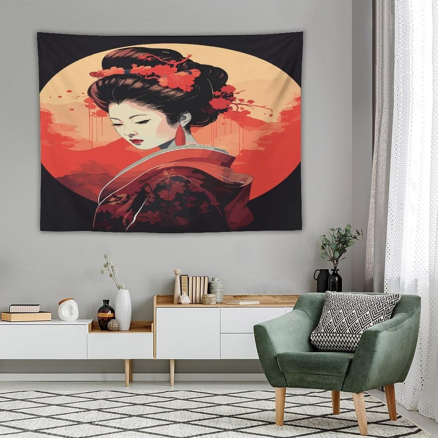 Japanese Woman Geisha Tapestry Asian Cherry Blossom Red Sun Traditional Kimono Folk Tapestries Home Decor for Living Room Bedroom Apartment Farmhouse Dorm 80"x60"