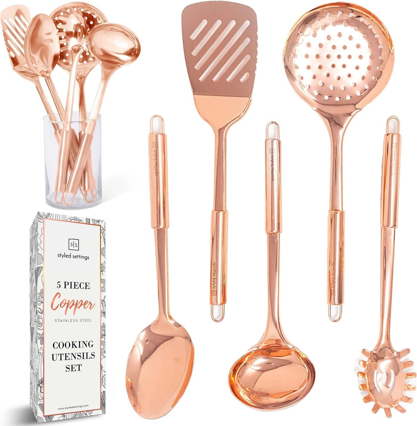 Copper Cooking Utensils Set – 5-Piece Rose Gold Stainless Steel Kitchen Tools for Cooking and Serving Includes Ladle, Spoon, Pasta Fork, Spatula, and Skimmer – Stylish Copper Kitchen Accessories