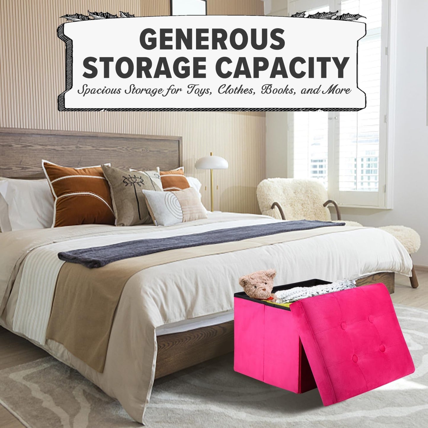 LINMAGCO Storage Ottoman Folding Foot Stool Foot Rest with Side Pocket Modern Ottoman with Storage Short Sofa Stool Velvet 17x13x13(ROSEO)