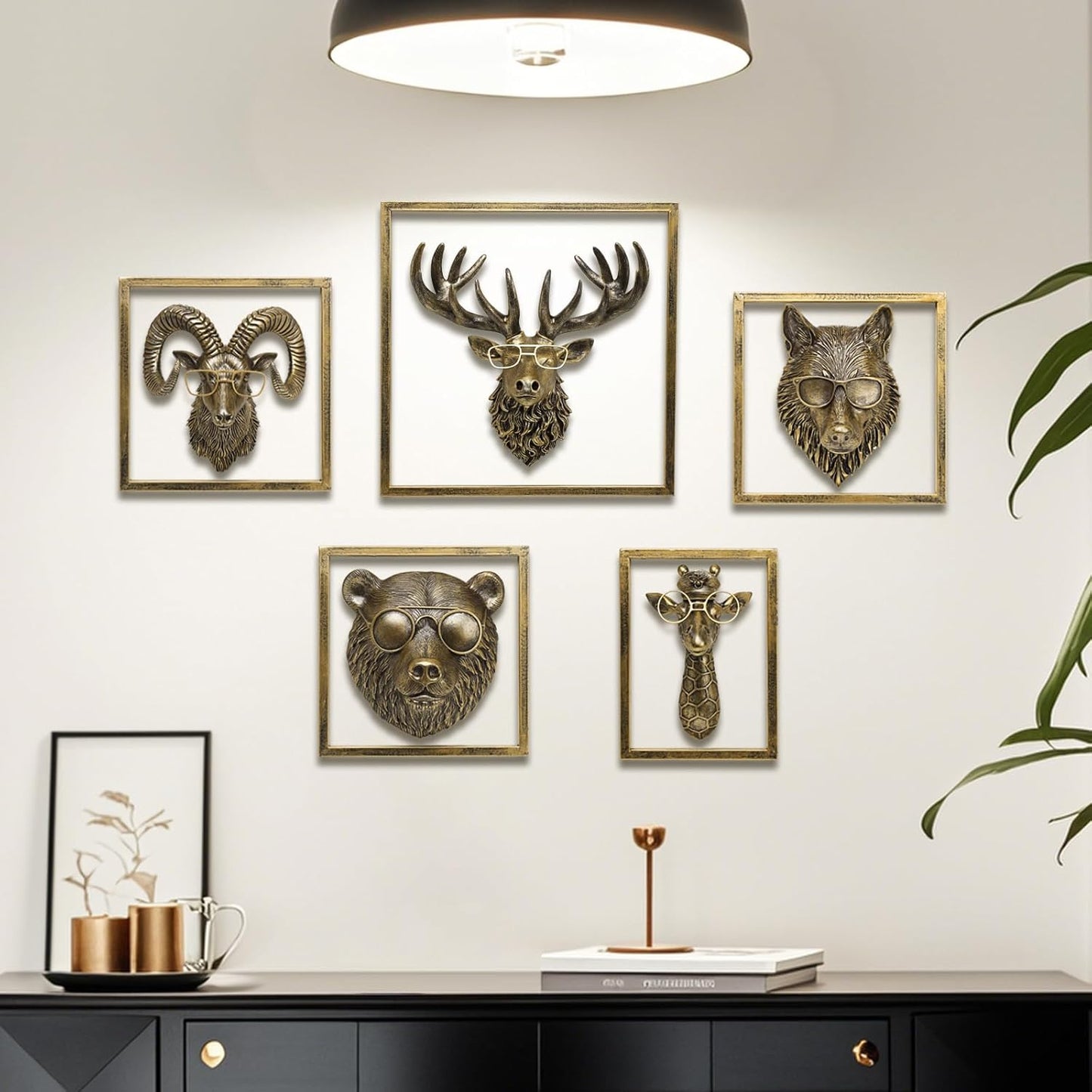JJALIGHTS Animal Heads Wall Decor (Includes Metal Frame) Resin Animals Sculptures Head Wall Hanging Decoration Imitation Copper vintage Wall Sculpture for Living Room Bedroom Office (Wolf)