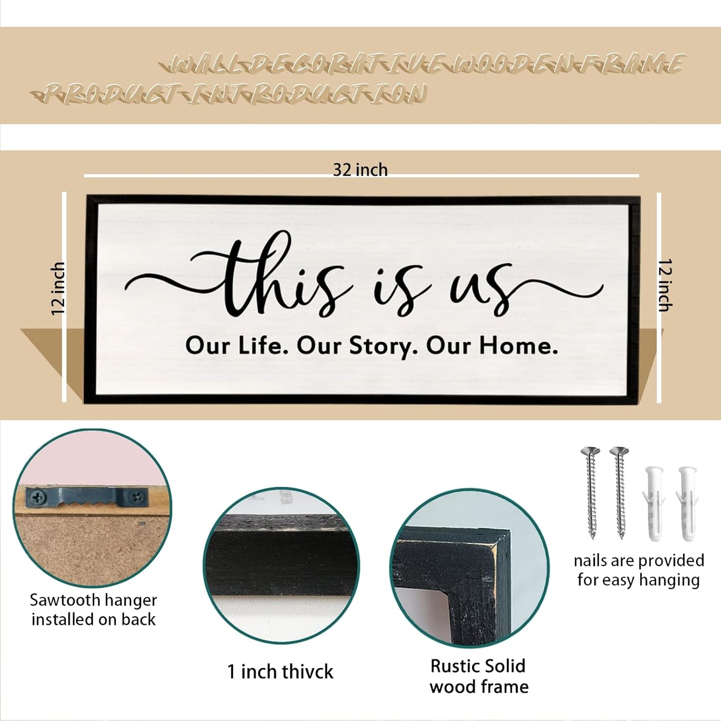 This is us Wall Decor Sign 32'' x 12'' Large Master Bedroom Home Life Story Wood Framed Vintage Family Sign Rustic Plaque Living Room Minimalist Farmhouse Hanging Wall Art (Black)