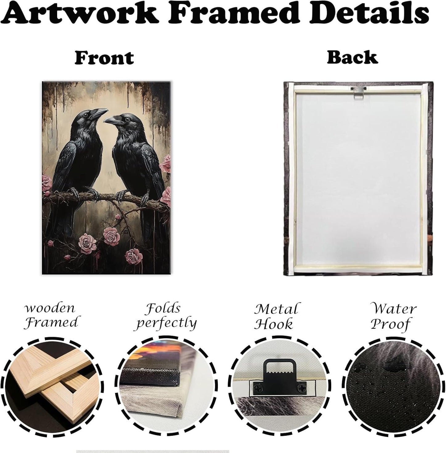 OAAPITI Crow Canvas Wall Art Black Raven Picture Print Pink Rose Poster Vintage Gothic Painting Artwork for Living Room Halloween Decor(Artwork-6,28"x42")