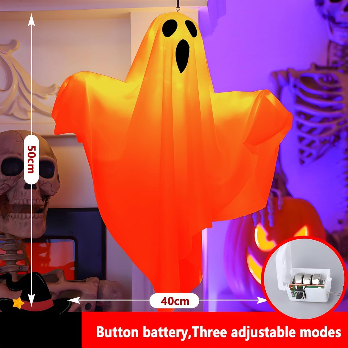 Halloween Light-up Ghost Decorations,Halloween Hanging Flying Ghosts with String Lights,Battery Operated Light up Spooky Ghosts Ornaments for Front Yard, Patio, Lawn, Garden, Party, 19.6 Inch, 2 Pack