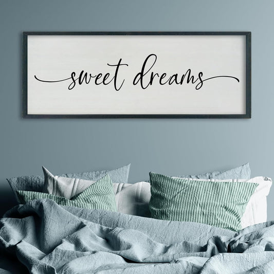 SRSZHIYUE Sweet Dreams Above Bed Wall Decor, 40"x15" Large Rustic Master Bedroom Over Bed Sign Guest Room Couples Wood Framed Farmhouse Horizontal Hanging Decoration (Black)