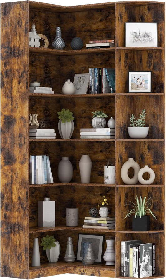 Loomie Bookshelves, 6 Tiers Shelf Large Tall Corner Etagere Bookcase with Full Baffle, L-Shaped Modern Storage Display Industrial Book Shelf for Bedroom, Home Office, Living Room & Kitchen, Rustic